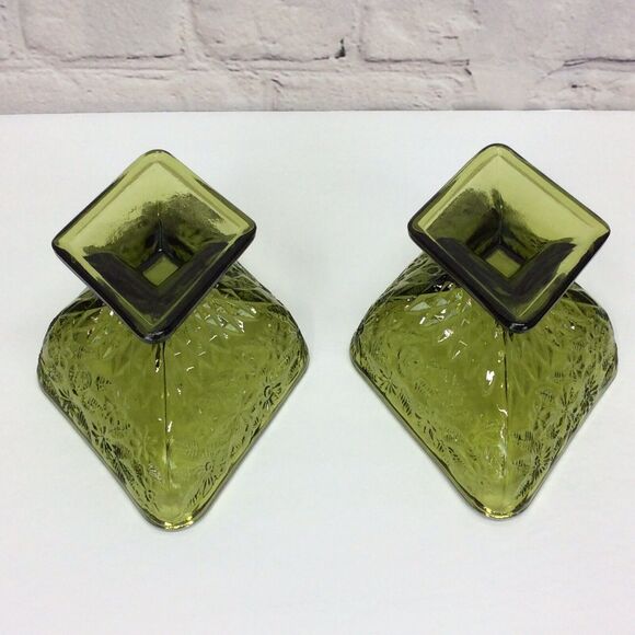 Vintage Indiana Glass Olive Green Diamond Shape Pedestal Candy Dish Bowl Set 2 - Picture 4 of 12